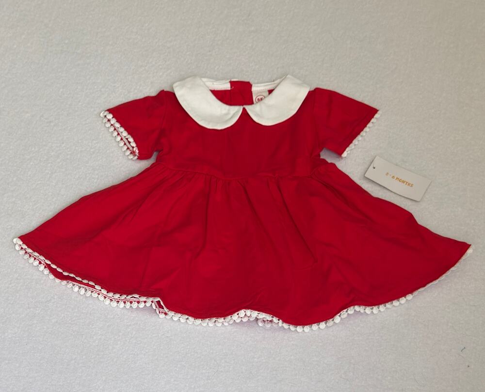 BrightyKid BK Infant Red Peter Pan Collar Dress Organic Cotton Pom Trim 6M NWT